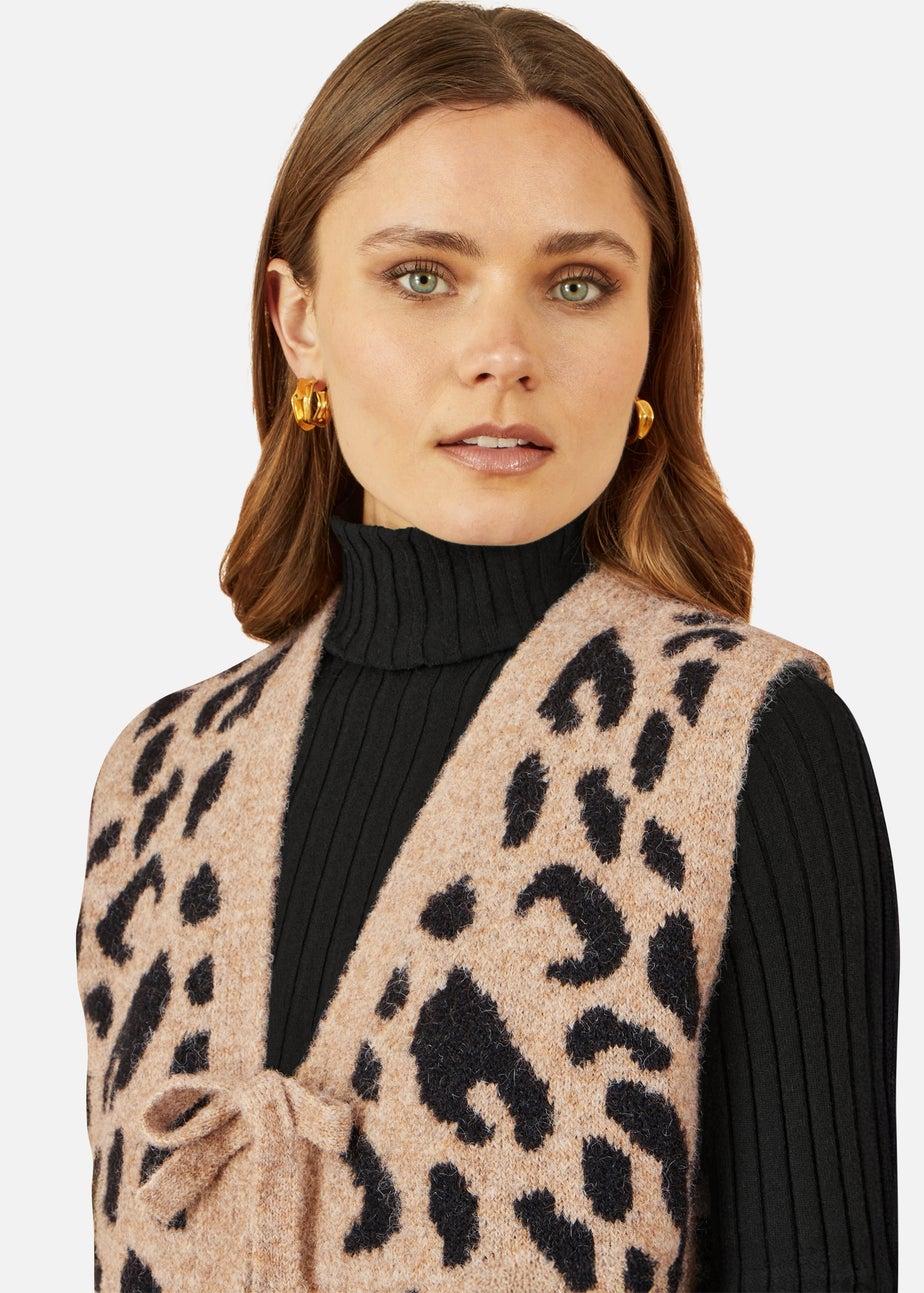 Yumi Beige Animal Print Intarsia Tie Front Waistcoat