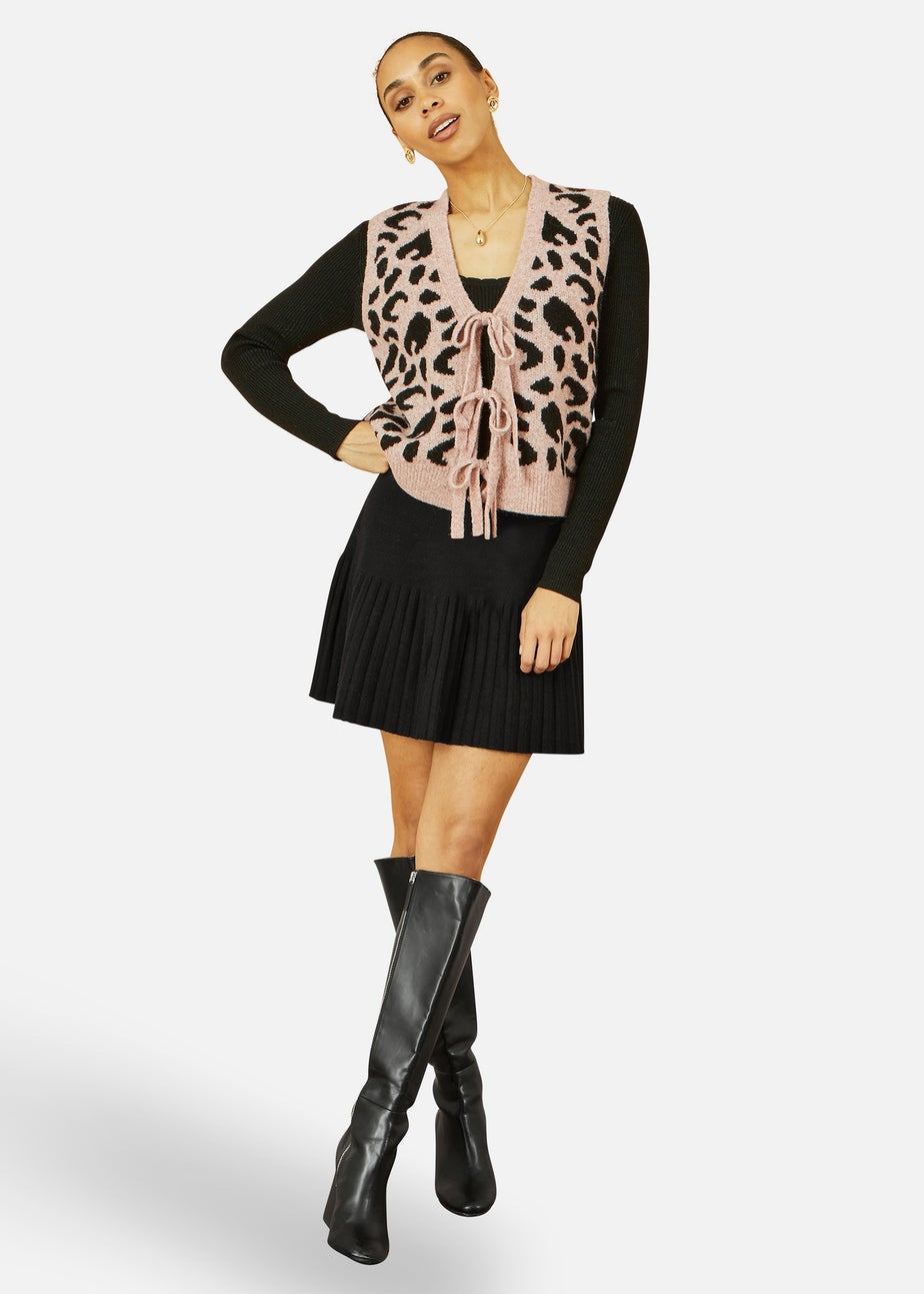 Yumi Beige Animal Print Intarsia Tie Front Waistcoat