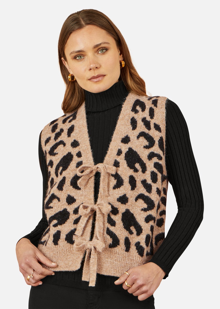 Yumi Beige Animal Print Intarsia Tie Front Waistcoat