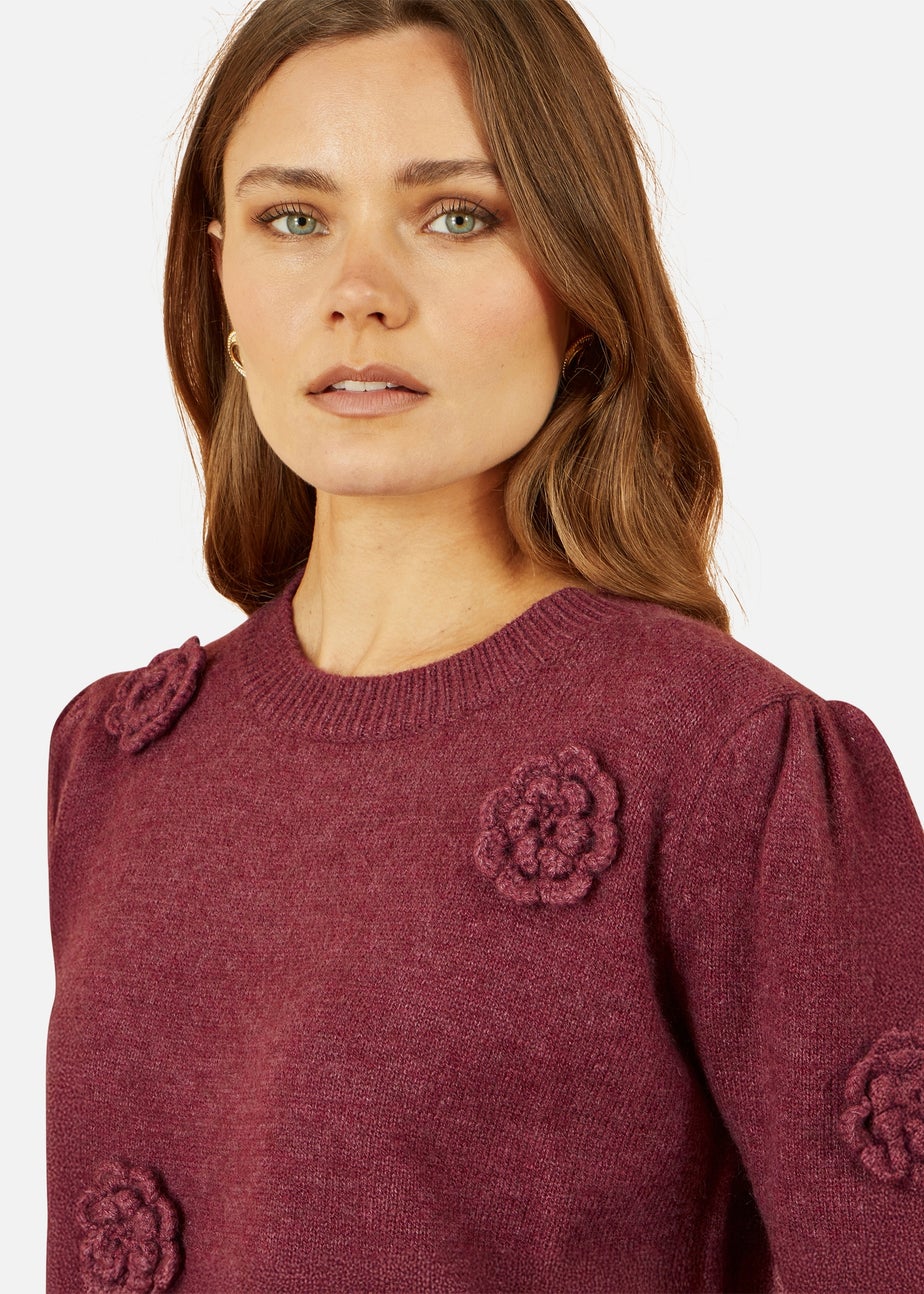 Yumi Burgundy Knitted Jumper With Crochet Flowers