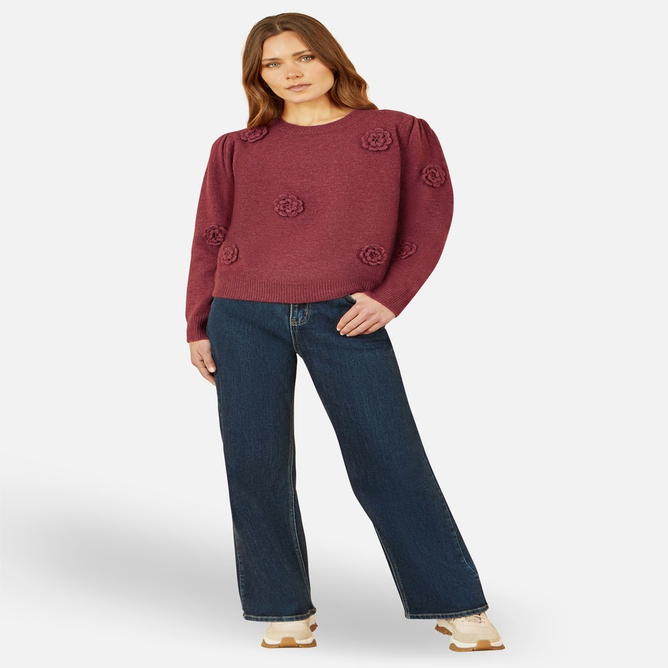 Yumi Burgundy Knitted Jumper With Crochet Flowers