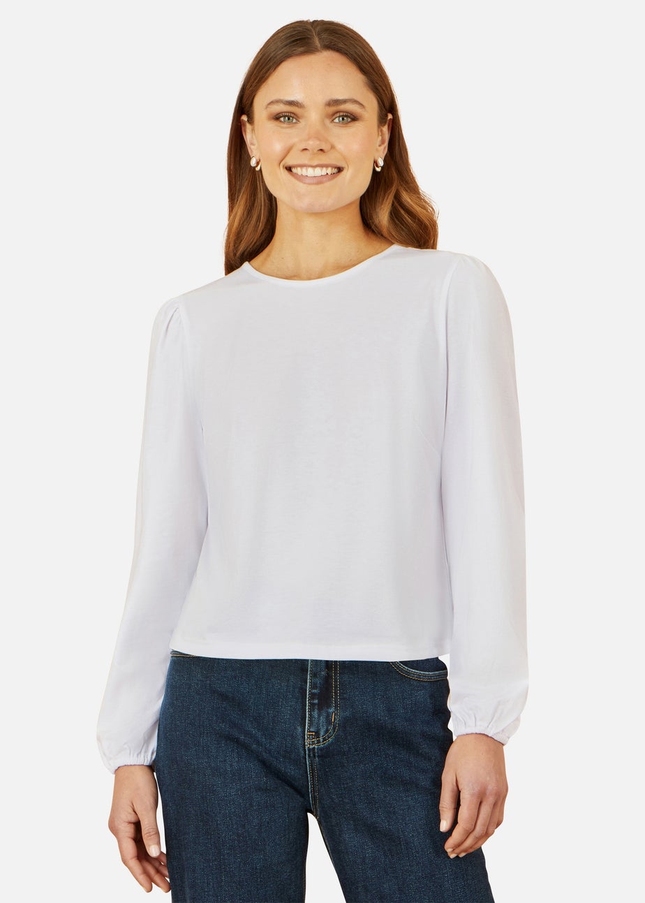 Yumi White Stretch Cotton Jersey Long Sleeve Top