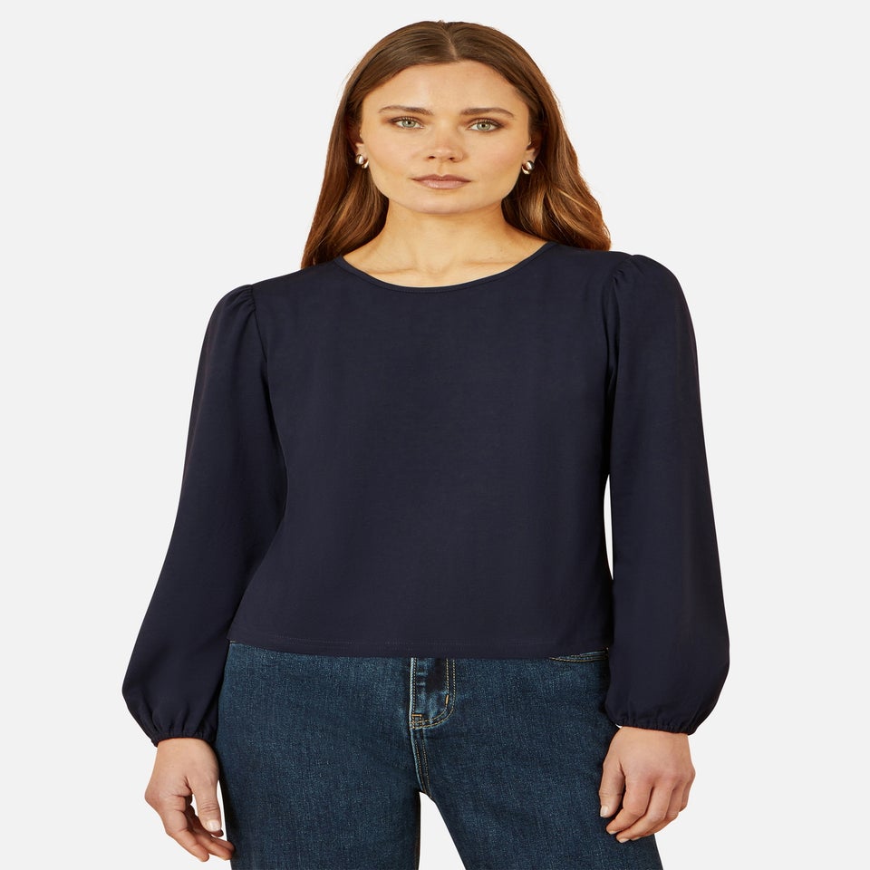 Yumi Navy Stretch Cotton Jersey Long Sleeve Top