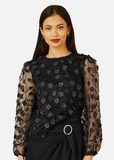 Yumi Black Sheer Sleeve Applique Flower Top
