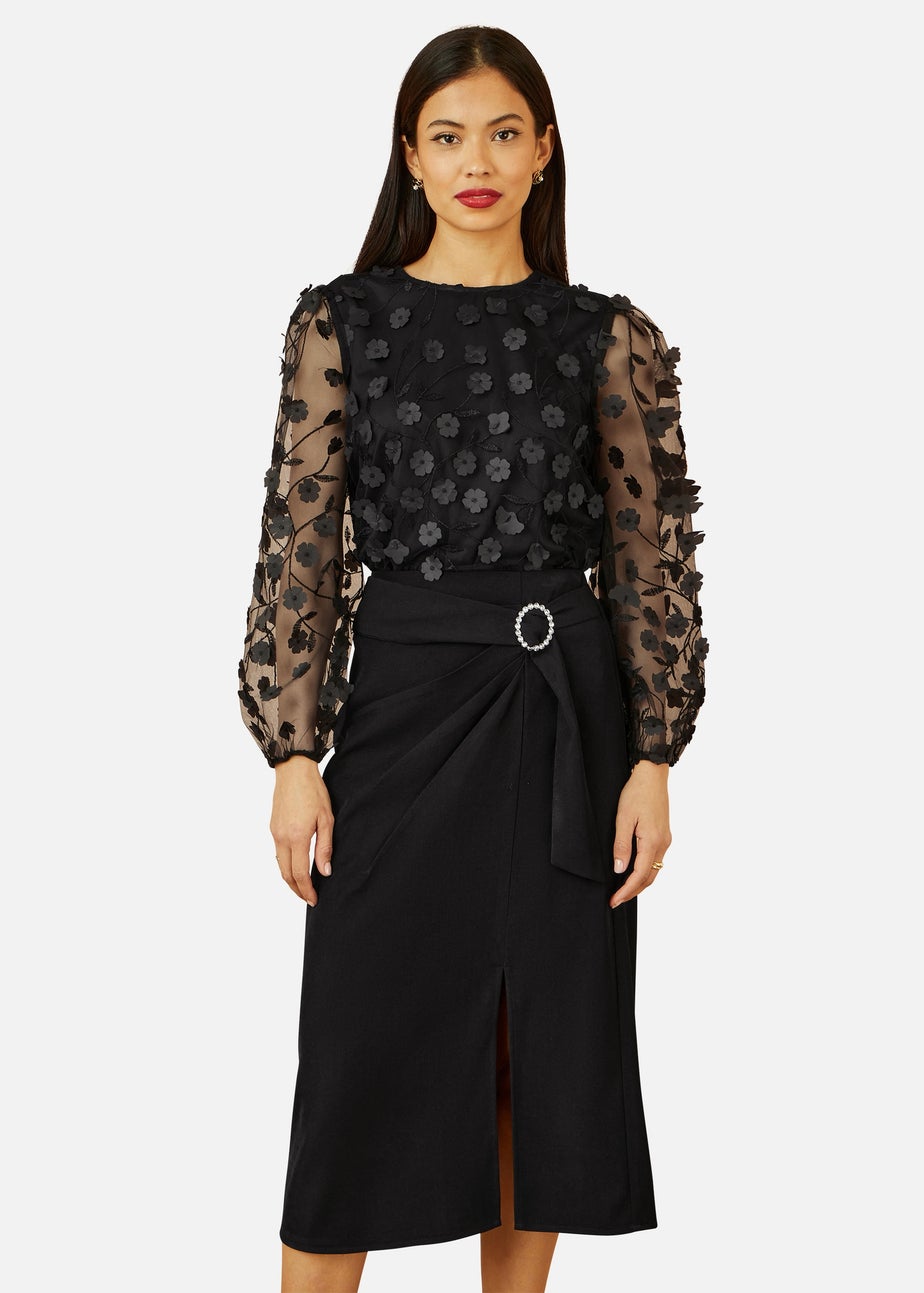 Yumi Black Sheer Sleeve Applique Flower Top