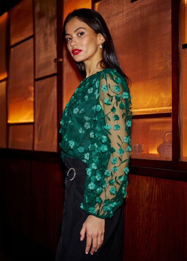 Yumi Green Sheer Sleeve Applique Flower Top