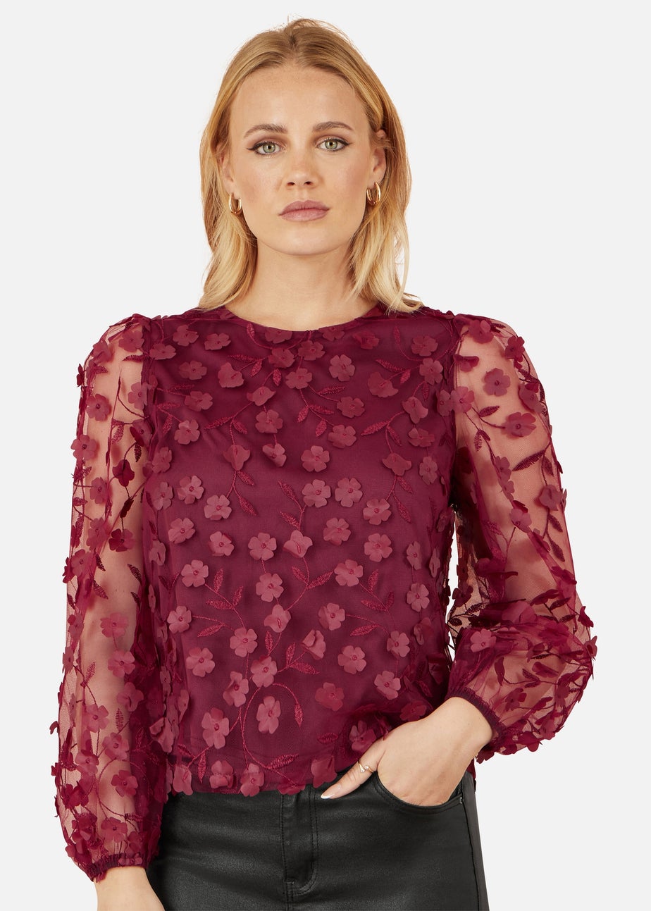 Yumi Burgundy Sheer Sleeve Applique Flower Top