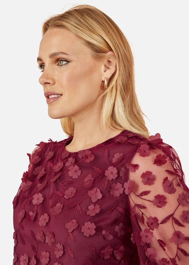 Yumi Burgundy Sheer Sleeve Applique Flower Top