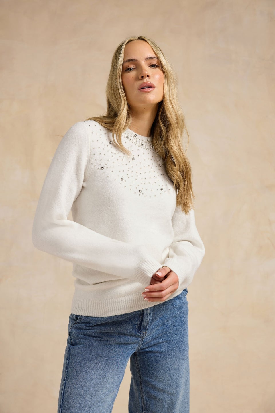 Long Tall Sally White Embellished Neck Jumper