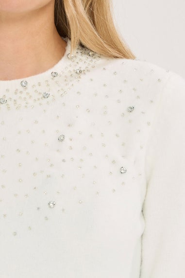 Long Tall Sally White Embellished Neck Jumper
