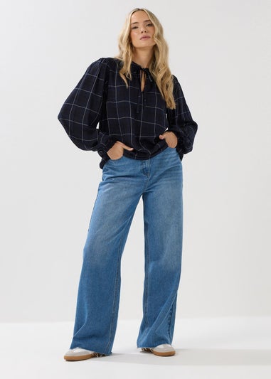 Long Tall Sally Navy Blue Check Tie Front Blouse