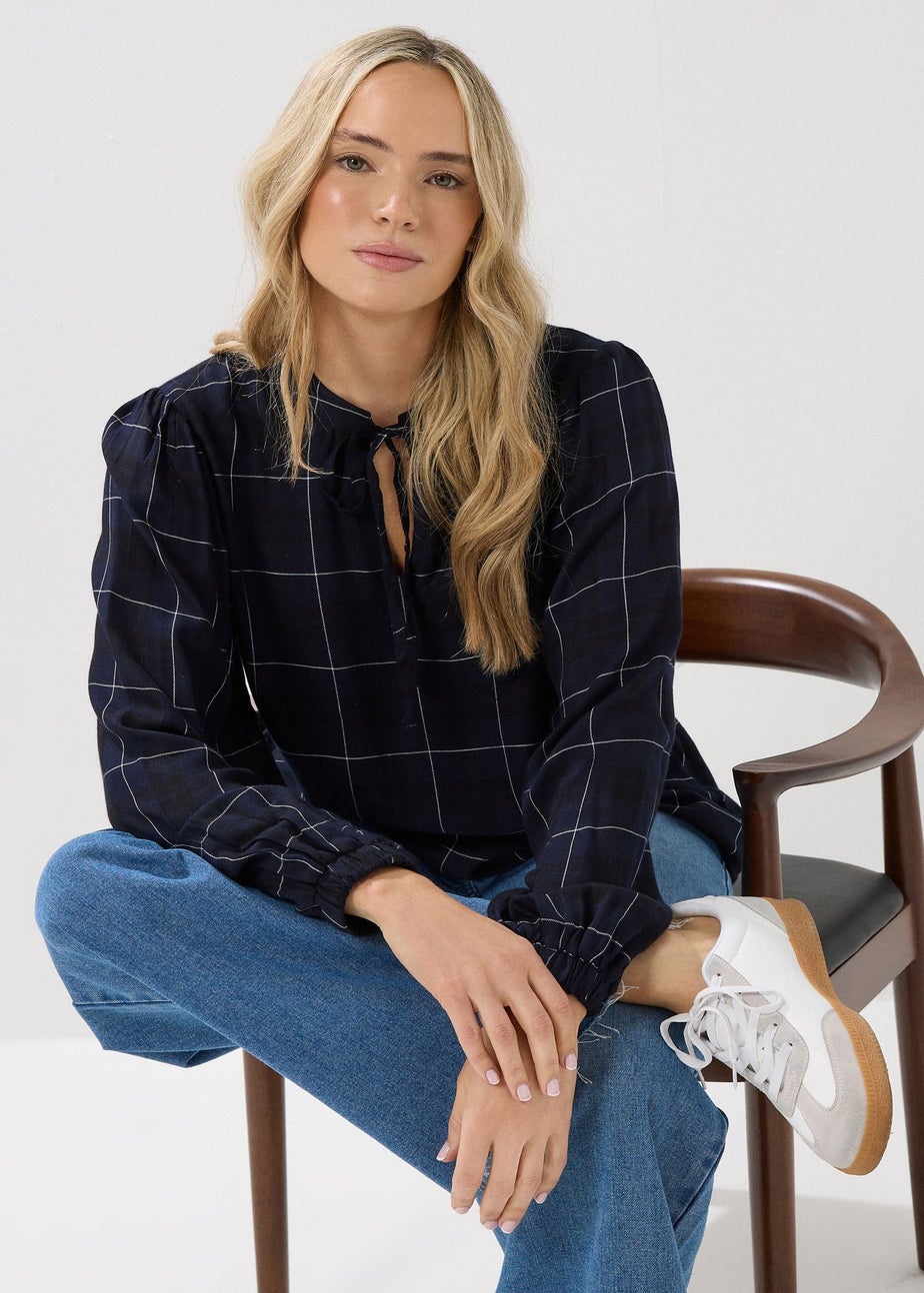 Long Tall Sally Navy Blue Check Tie Front Blouse