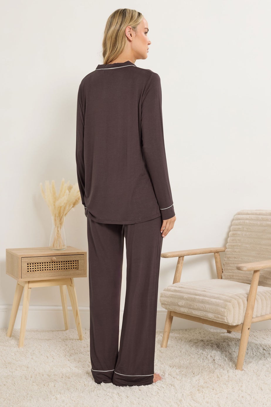 Long Tall Sally Chocolate Brown Piped Jersey Pyjama Set