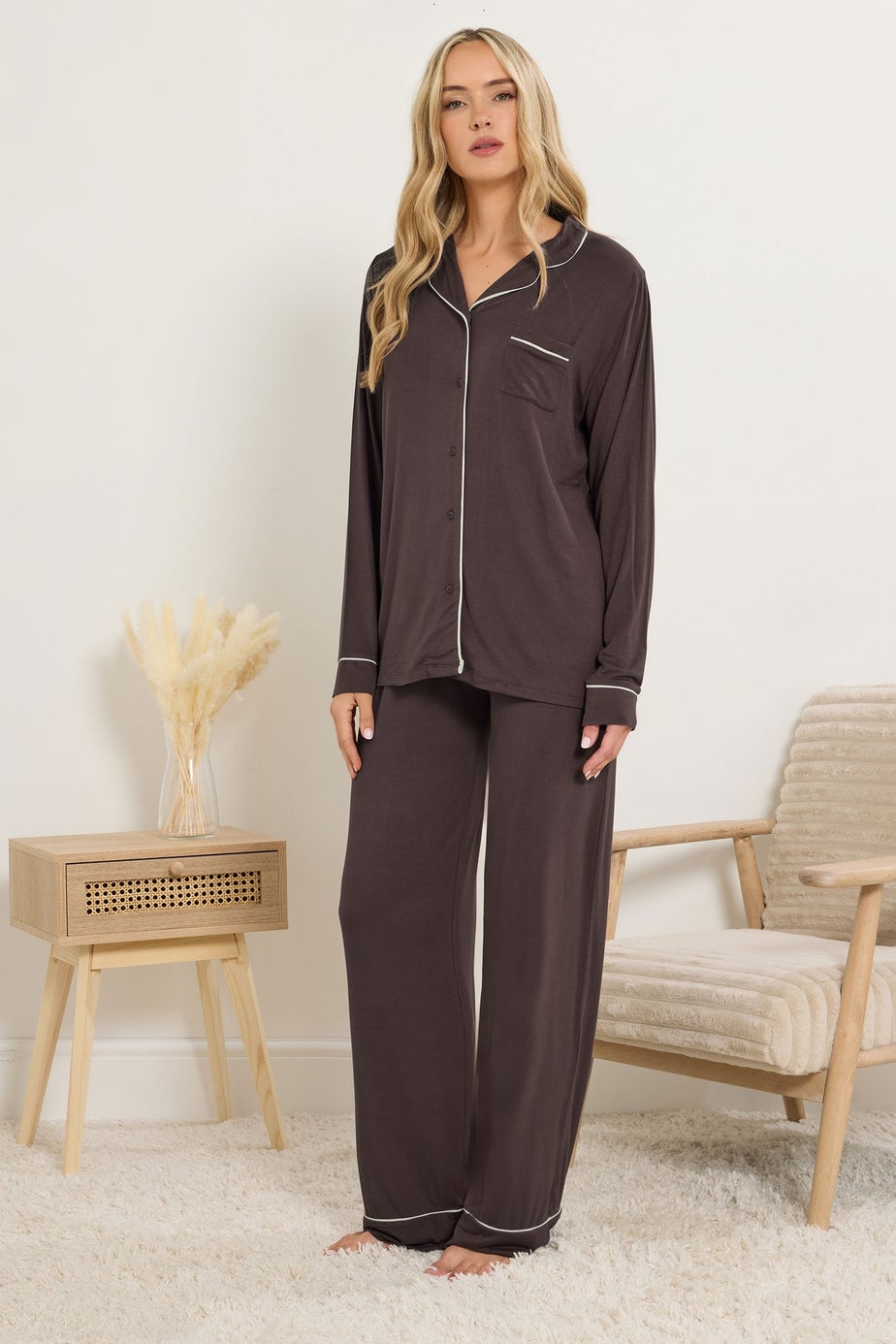 Long Tall Sally Chocolate Brown Piped Jersey Pyjama Set