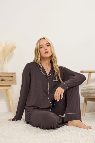 Long Tall Sally Chocolate Brown Piped Jersey Pyjama Set