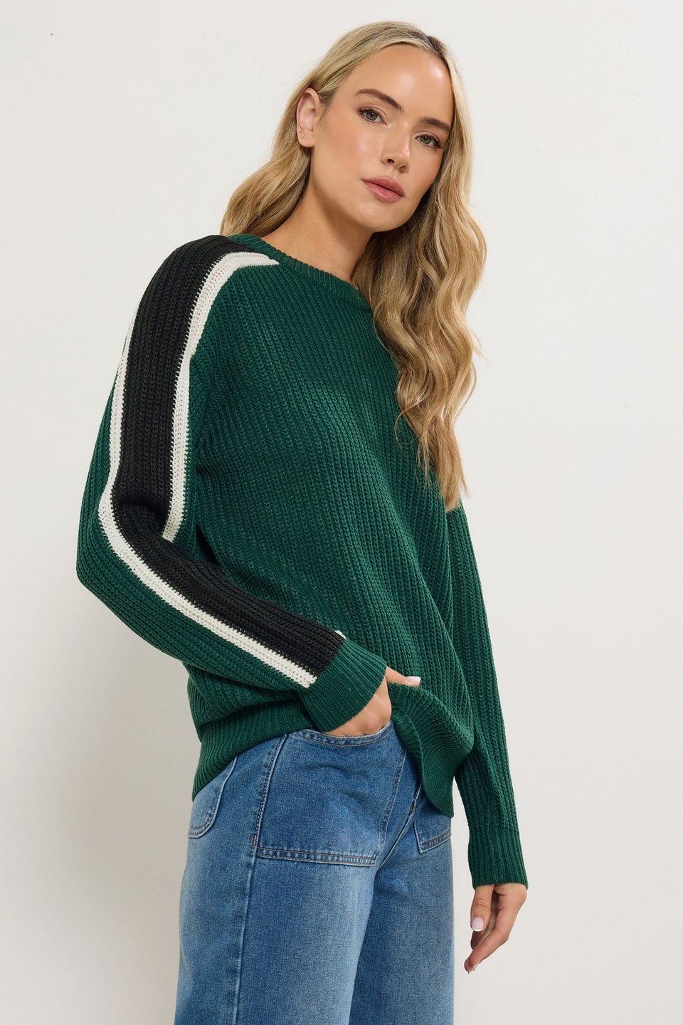 Long Tall Sally Green Sleeve Stripe Knitted Jumper