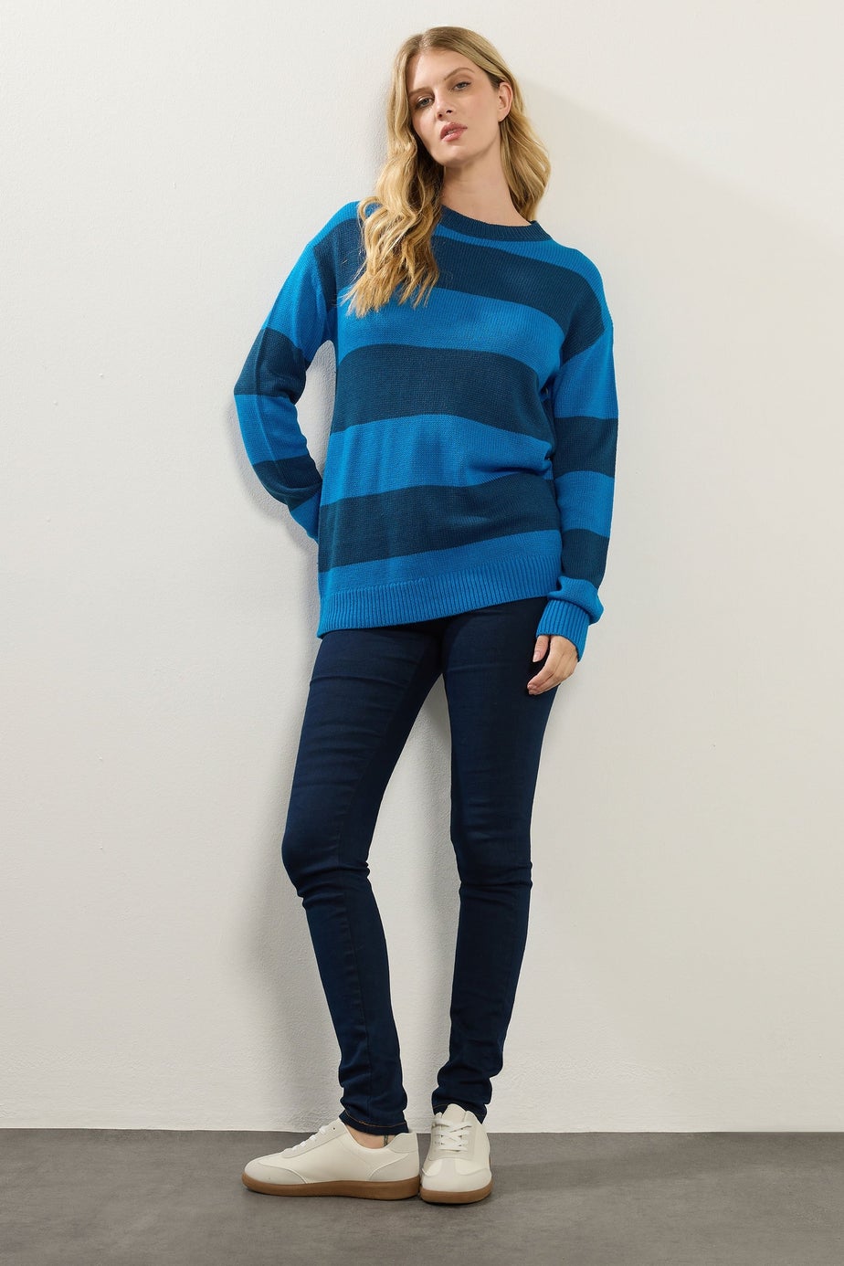 Long Tall Sally Blue Knitted Stripe Crew Neck Jumper