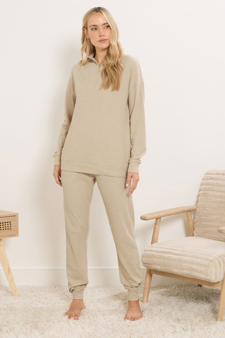 Long Tall Sally Beige Brown Waffle Quarter Zip Lounge Top