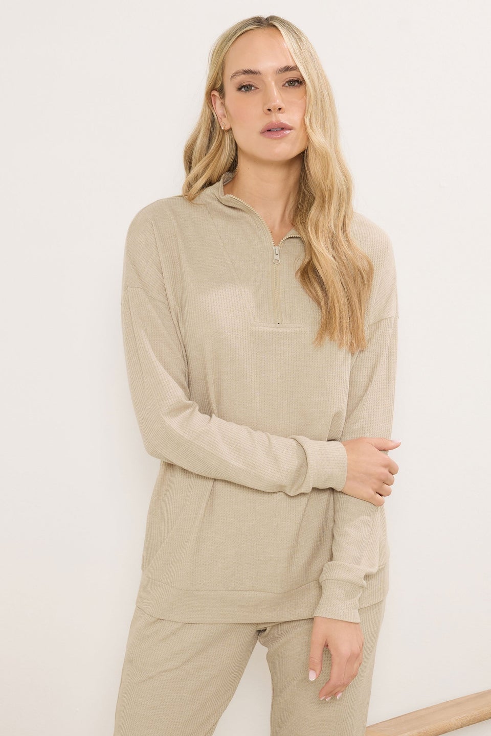 Long Tall Sally Beige Brown Waffle Quarter Zip Lounge Top