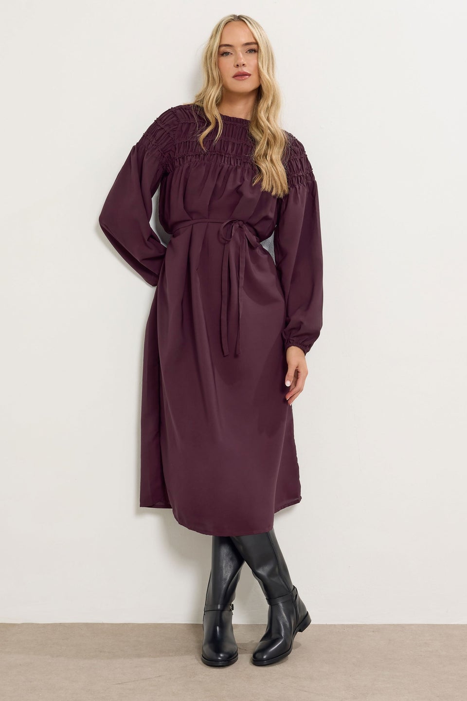 Long Tall Sally Purple Shirred Long Sleeve Midi Dress