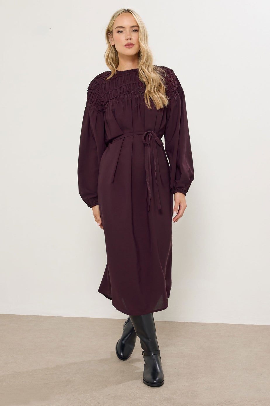Long Tall Sally Purple Shirred Long Sleeve Midi Dress