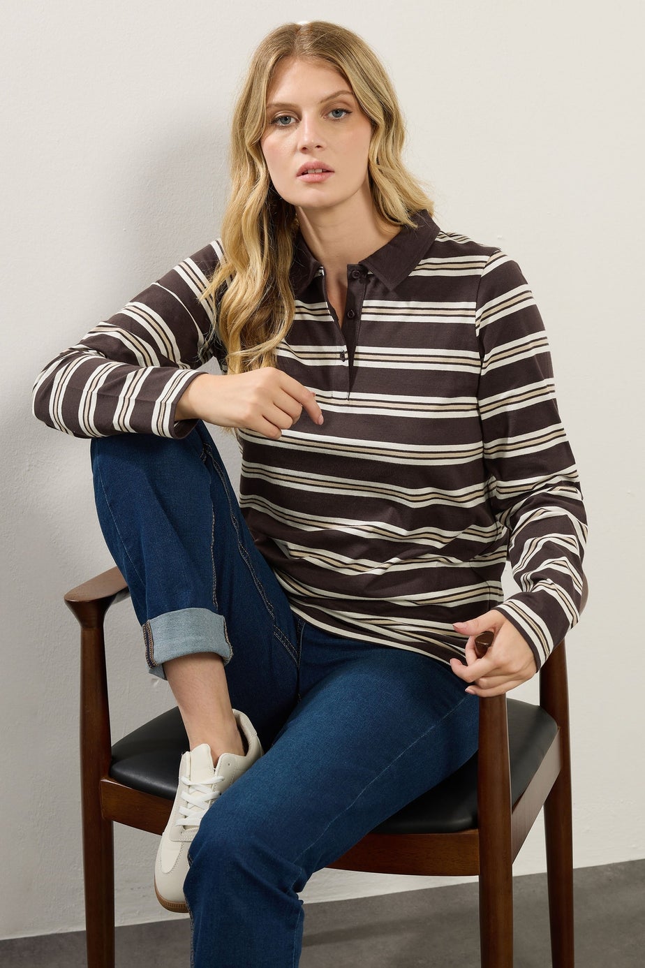 Long Tall Sally Chocolate Brown Striped Jersey Polo Top