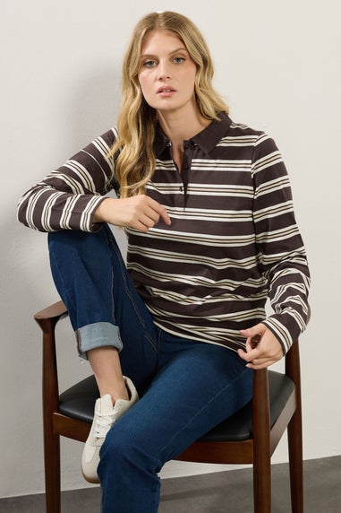 Long Tall Sally Chocolate Brown Striped Jersey Polo Top
