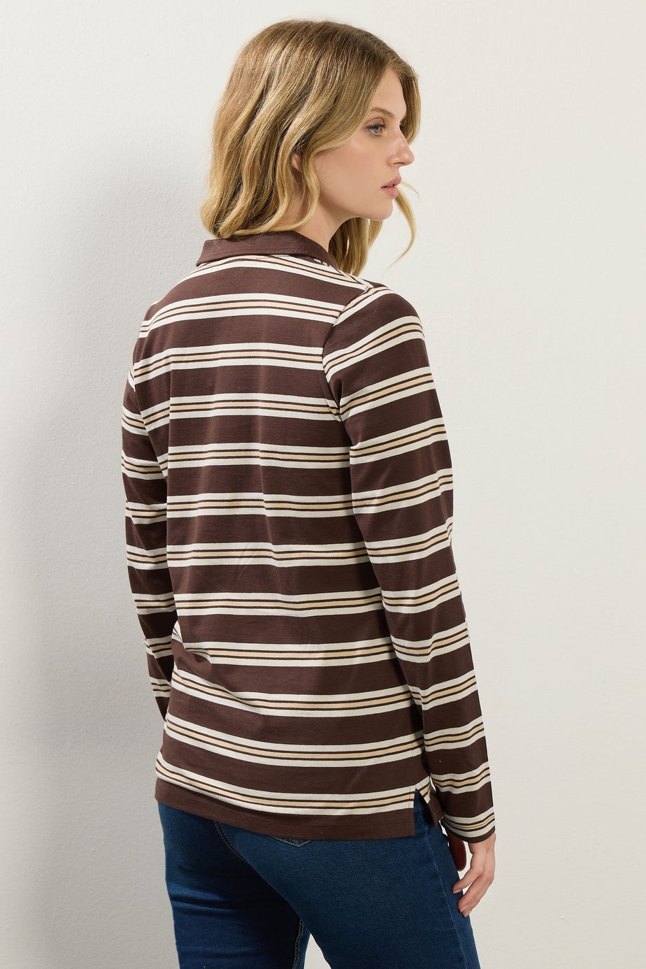 Long Tall Sally Chocolate Brown Striped Jersey Polo Top