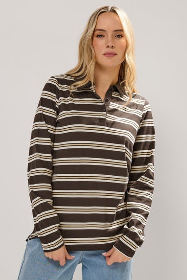 Long Tall Sally Chocolate Brown Striped Jersey Polo Top