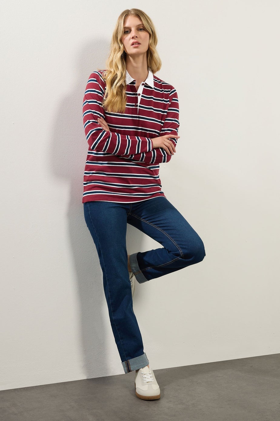 Long Tall Sally Red & Navy Blue Striped Jersey Polo Top