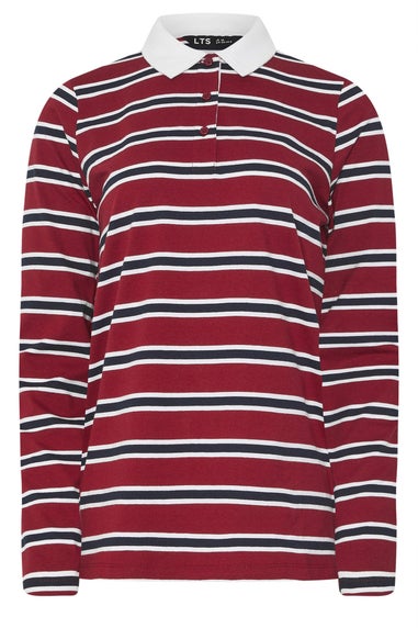Long Tall Sally Red & Navy Blue Striped Jersey Polo Top