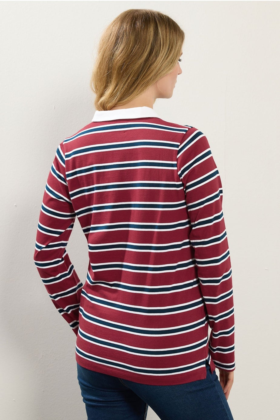 Long Tall Sally Red & Navy Blue Striped Jersey Polo Top