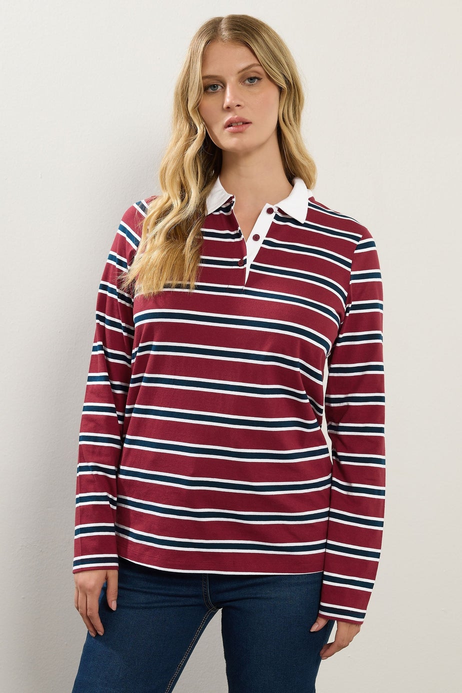 Long Tall Sally Red & Navy Blue Striped Jersey Polo Top