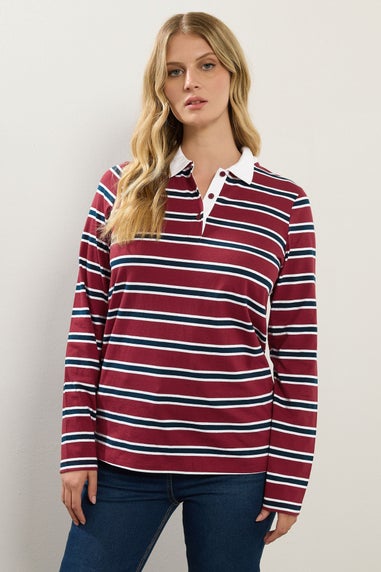 Long Tall Sally Red & Navy Blue Striped Jersey Polo Top