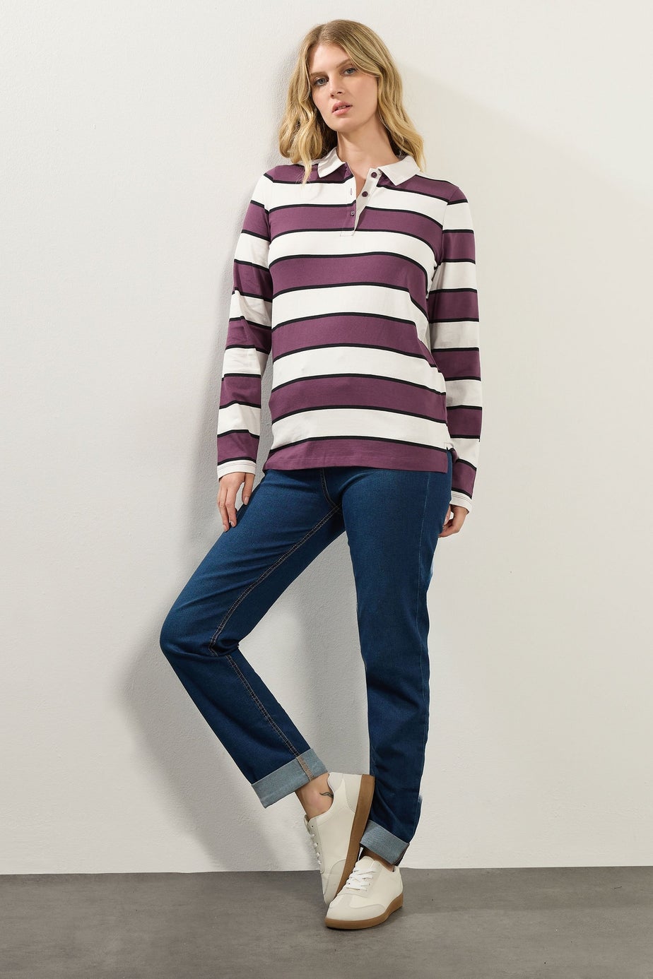 Long Tall Sally Ivory White Striped Jersey Polo Top