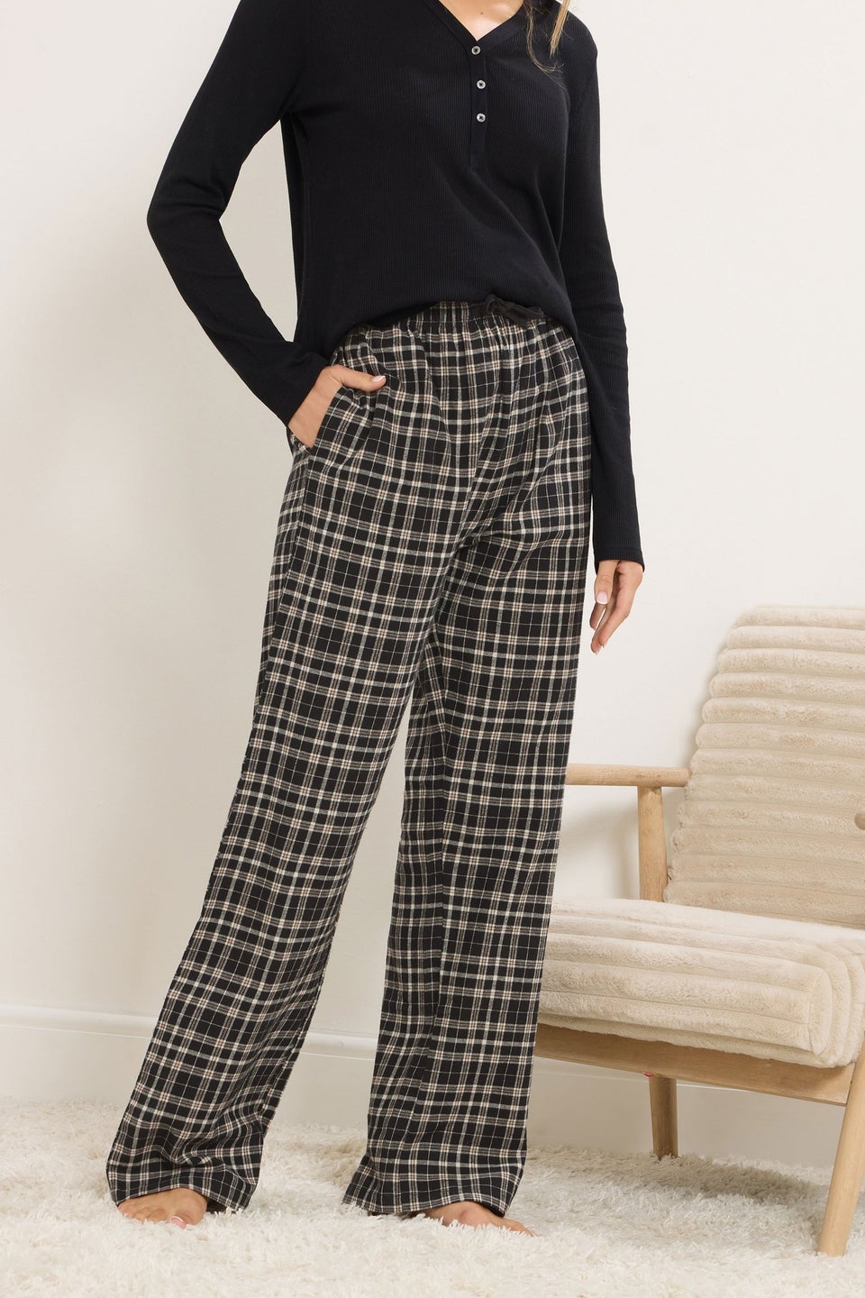 Long Tall Sally Black Cotton Check Pyjama Bottoms