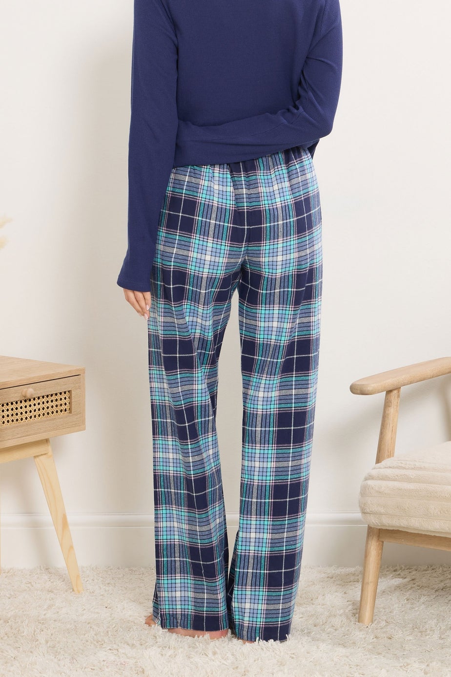 Long Tall Sally Blue Cotton Check Pyjama Bottoms