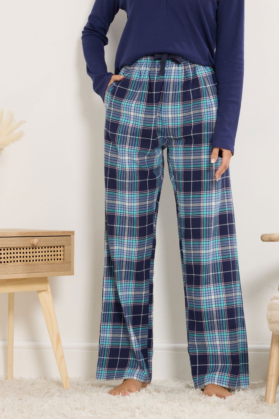 Long Tall Sally Blue Cotton Check Pyjama Bottoms