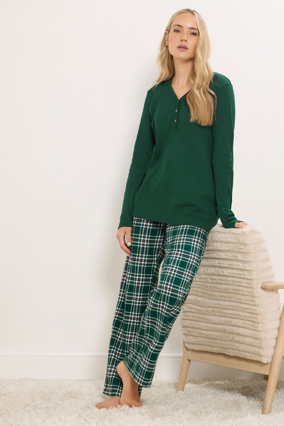 Long Tall Sally Green Cotton Check Pyjama Bottoms