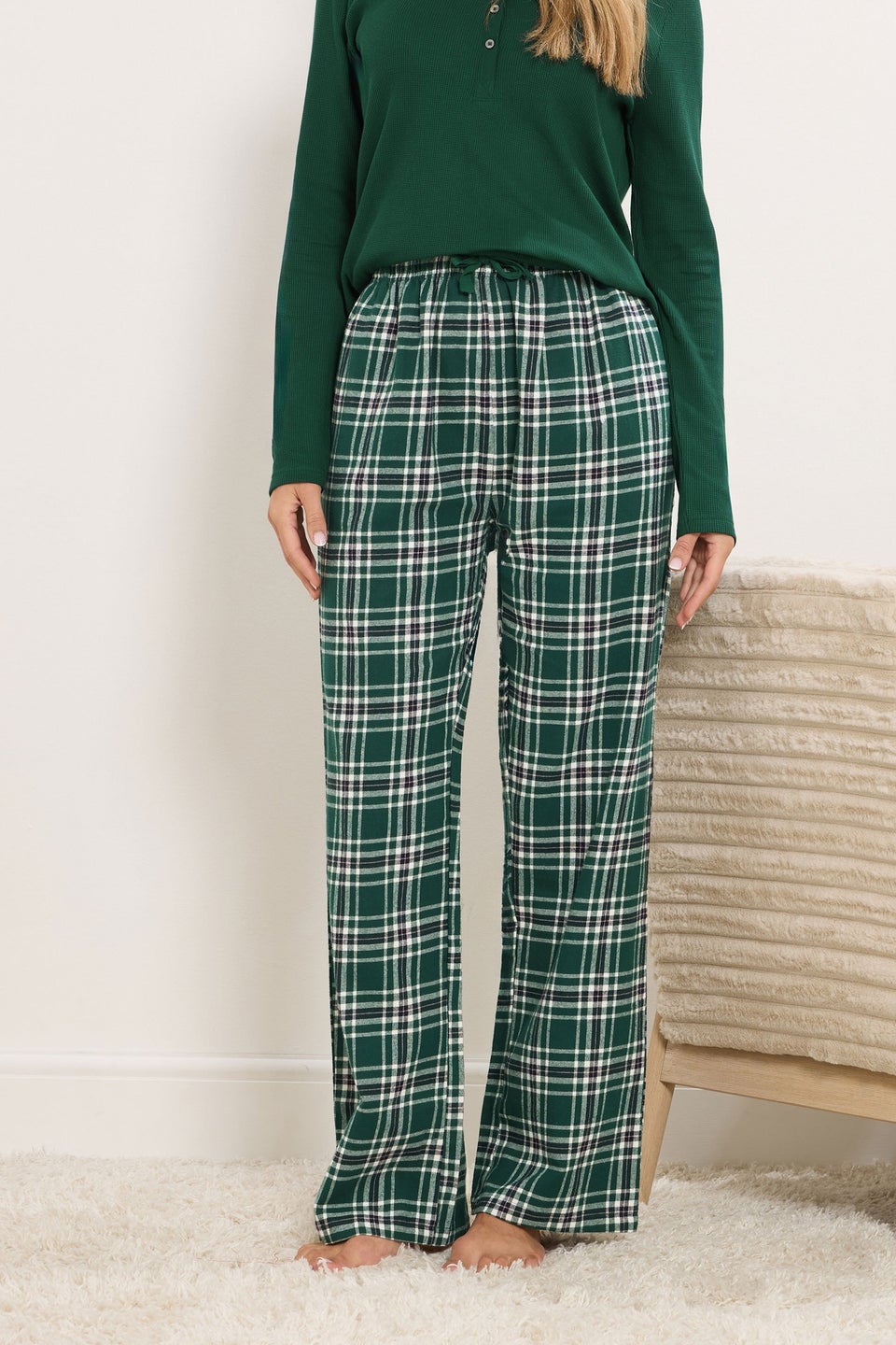 Long Tall Sally Green Cotton Check Pyjama Bottoms