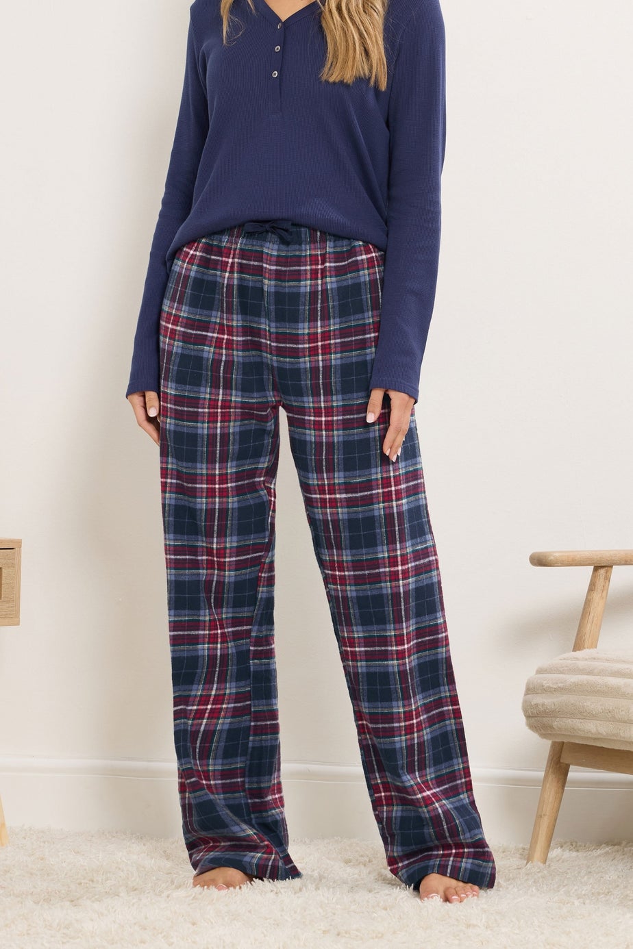 Long Tall Sally Navy Blue & Red Cotton Check Pyjama Bottoms