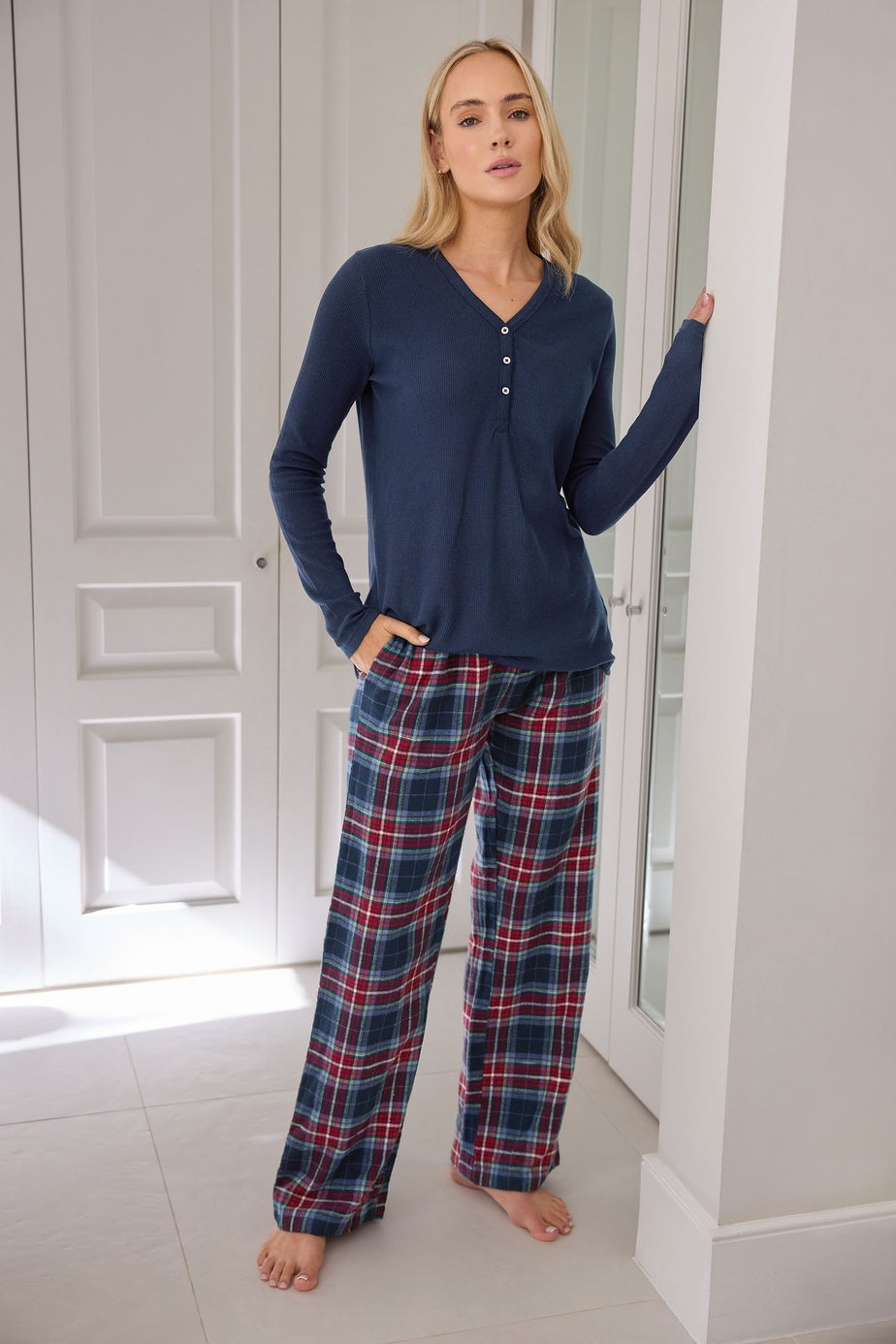 Long Tall Sally Navy Blue & Red Cotton Check Pyjama Bottoms