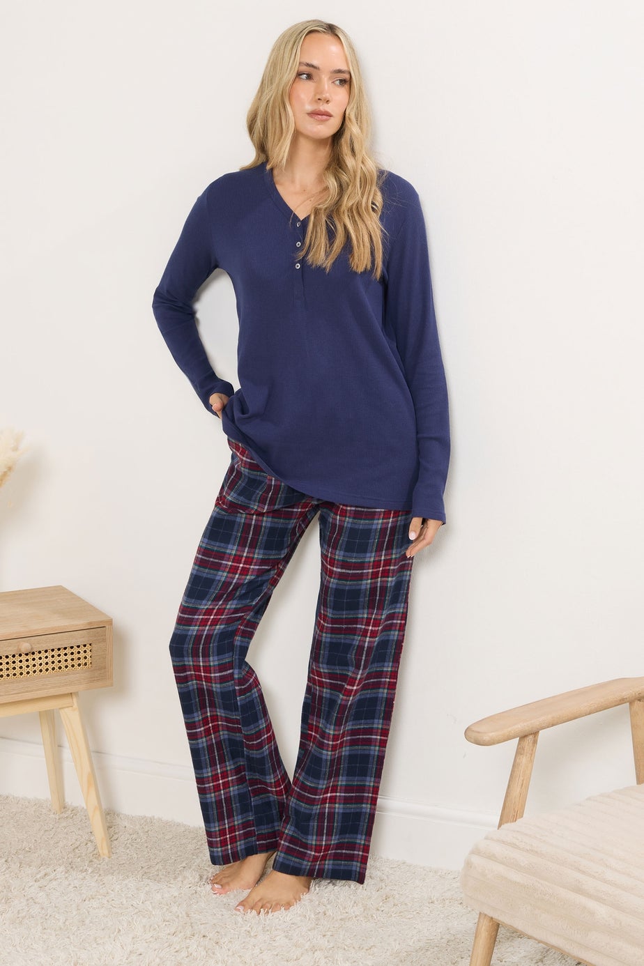 Long Tall Sally Navy Blue & Red Cotton Check Pyjama Bottoms
