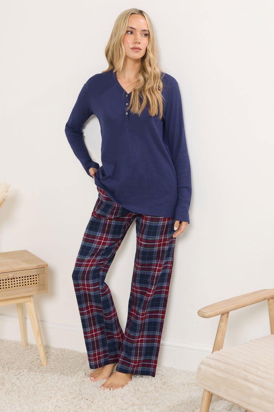 Long Tall Sally Navy Blue & Red Cotton Check Pyjama Bottoms