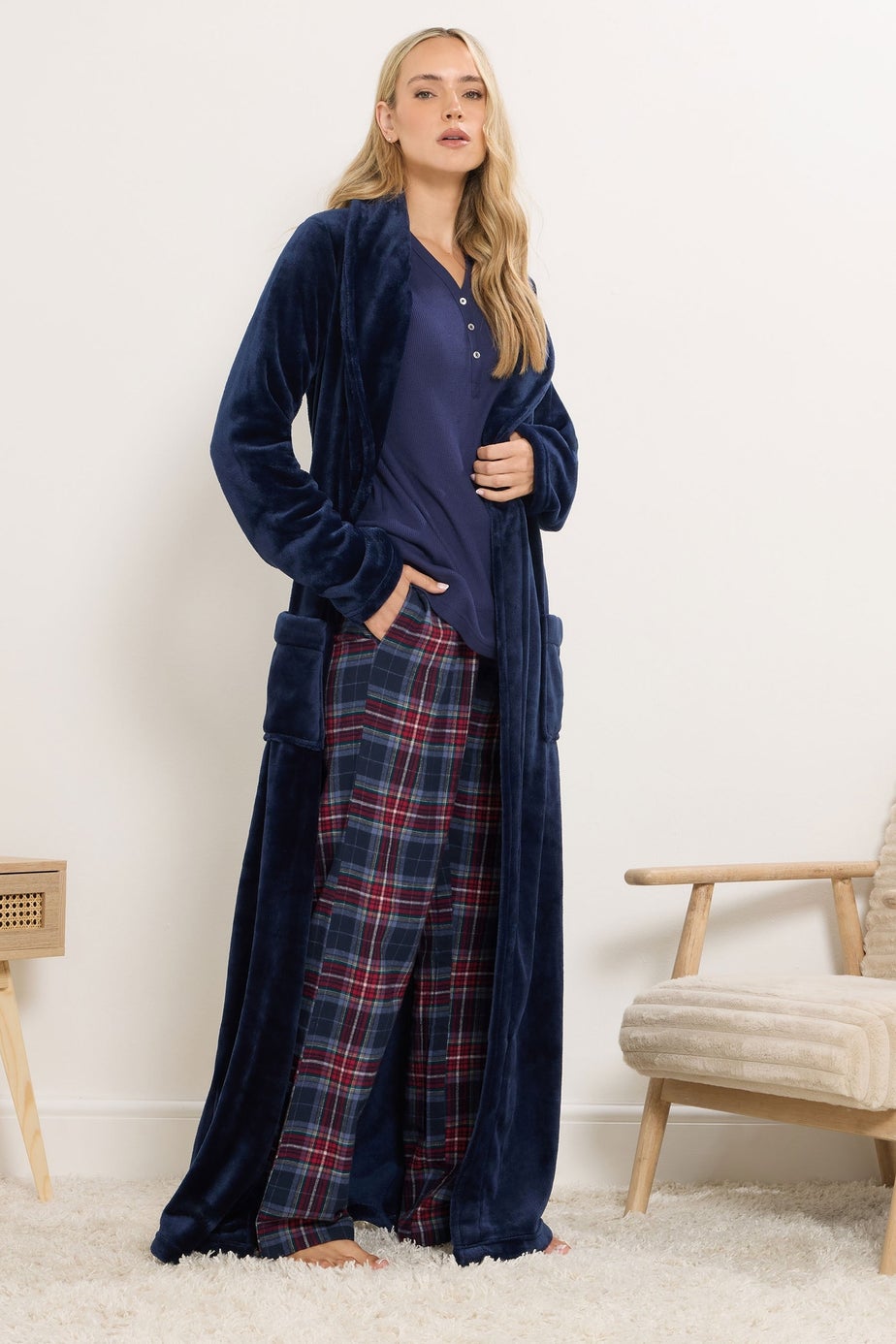 Long Tall Sally Navy Blue & Red Cotton Check Pyjama Bottoms