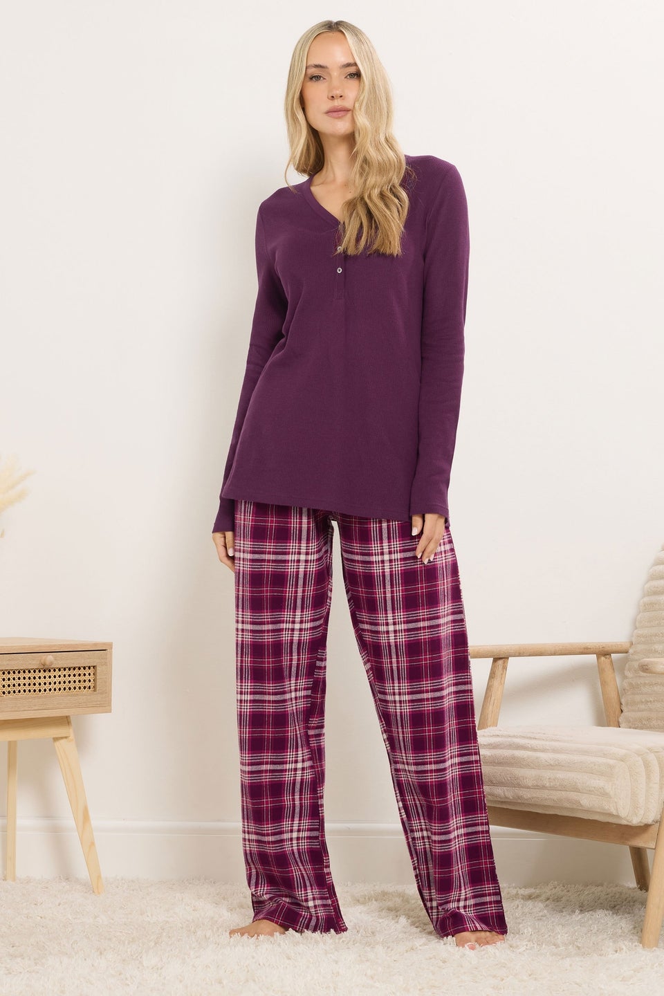 Long Tall Sally Burgundy Red Cotton Check Pyjama Bottoms