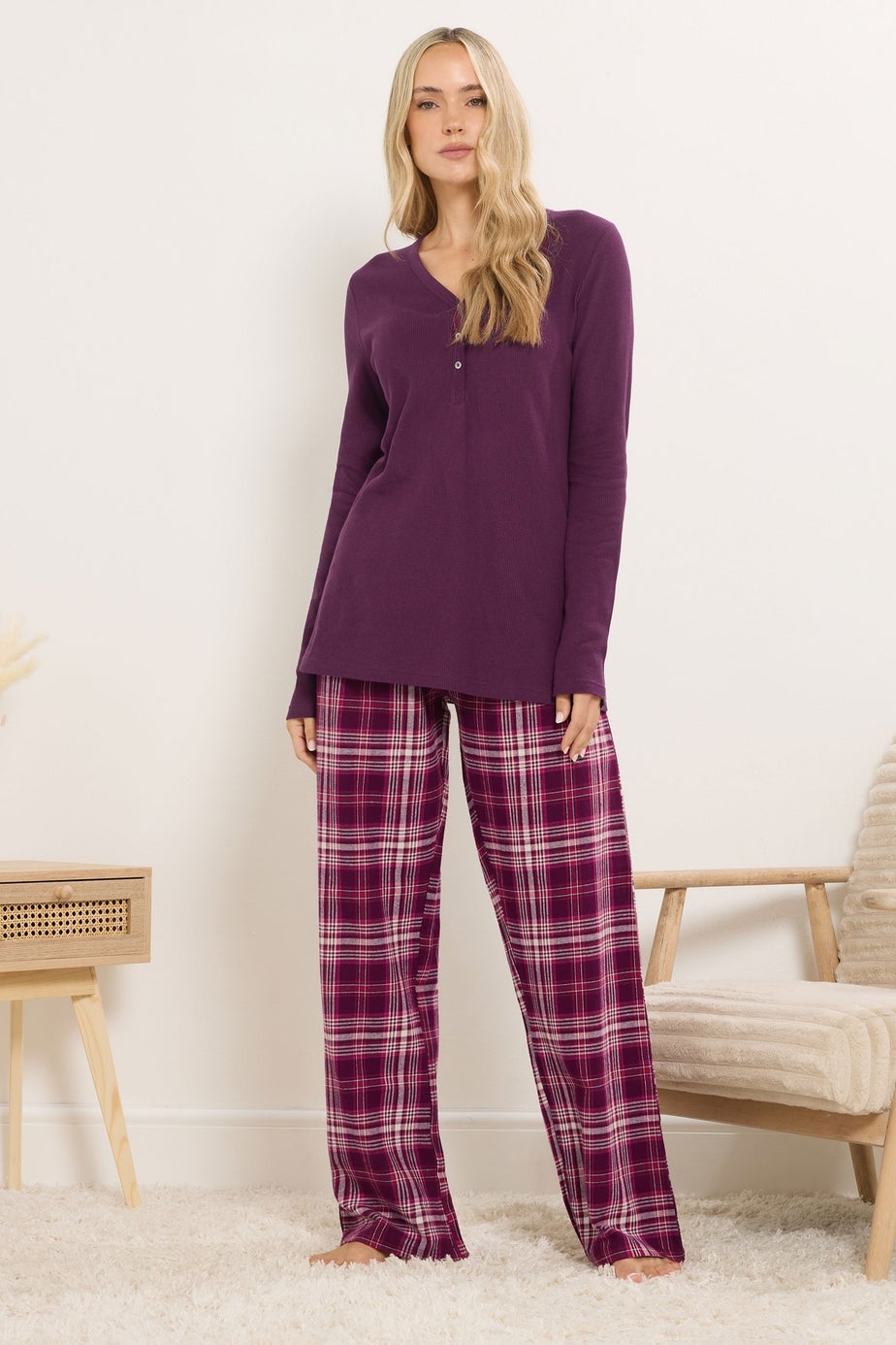Long Tall Sally Burgundy Red Cotton Check Pyjama Bottoms