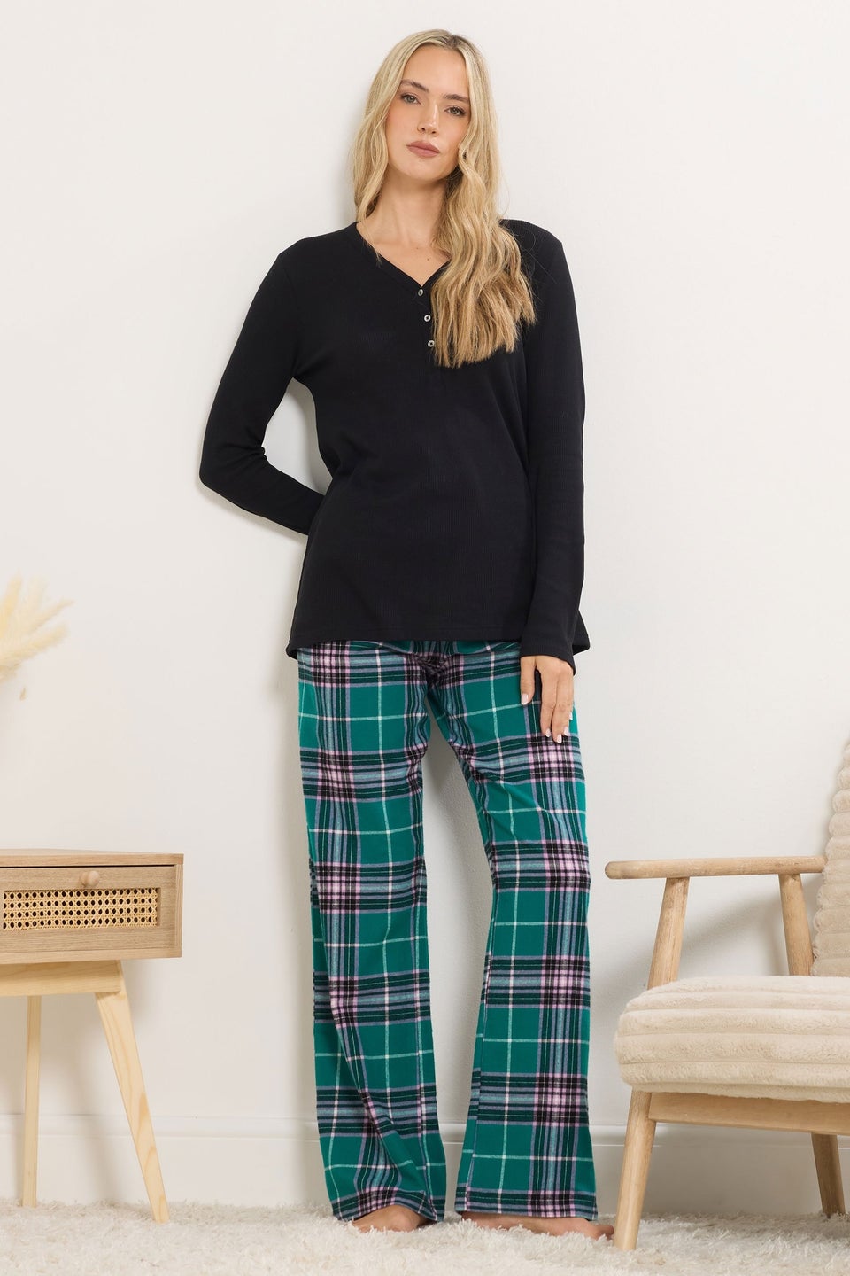Long Tall Sally Turquoise Green Cotton Check Pyjama Bottoms