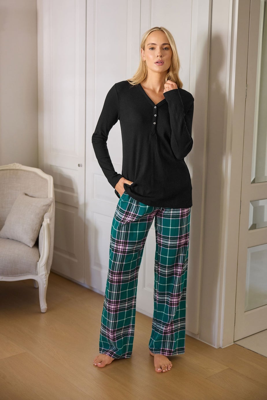 Long Tall Sally Turquoise Green Cotton Check Pyjama Bottoms
