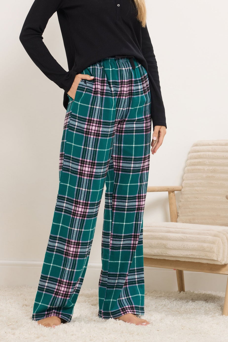 Long Tall Sally Turquoise Green Cotton Check Pyjama Bottoms